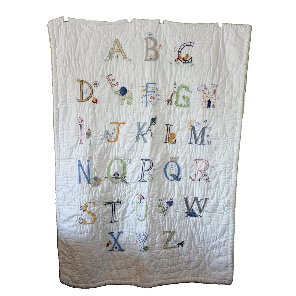 Pottery Barn Kids Vintage Animal Alphabet Embroidered Baby Quilt 37"x 50"
